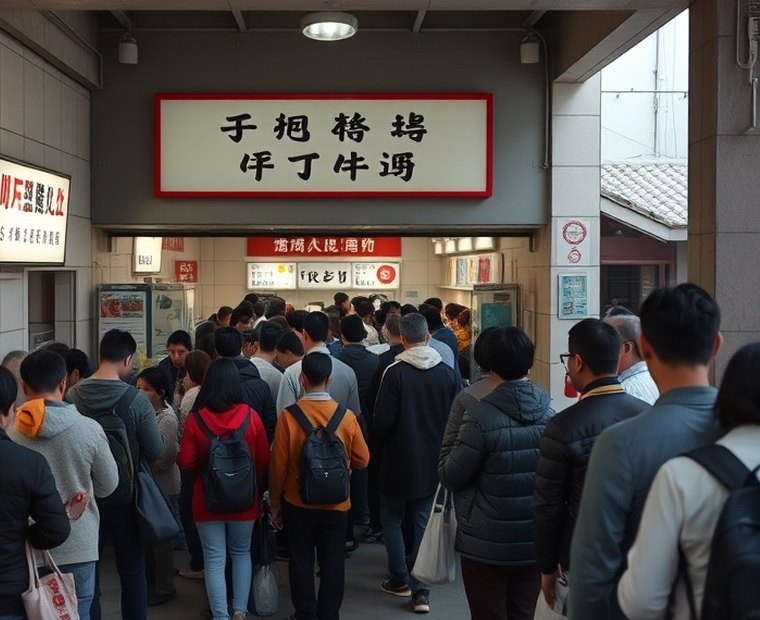 導入前 — すべての手続きが一つの列に並び、入口付近に待ち列が集中しています。